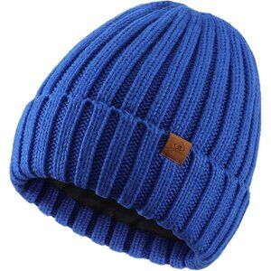 Men Blue Ribbed knit Beanie Hat With Cuffed Brim and Small Leather Logo Patch